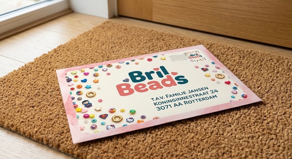 Vrolijke Bril Beads envelop op de deurmat